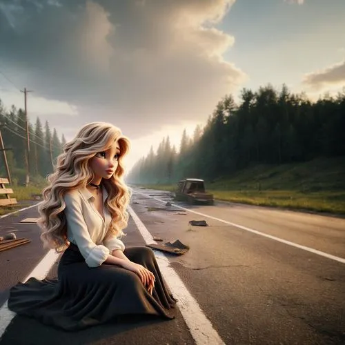 A woman sitting in the road,girl and car,girl in car,roadside,open road,celtic woman,road forgotten,girl in a long dress,long road,woman in the car,highway,photo manipulation,photoshop manipulation,wi