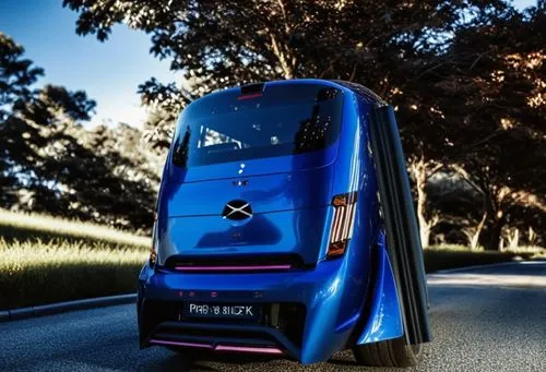 a blue vehicle is driving on a road near many trees,pininfarina,smartcar,automobil,concept car,electric car,volkswagen beetlle,Photography,General,Realistic