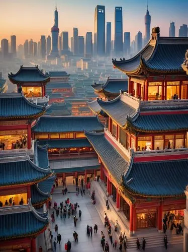 Contemporary Chinese architecture, blend of traditional and modern elements, grandiose buildings, intricate carvings, vibrant colors, sweeping roofs, ornate details, majestic pillars, imposing structu