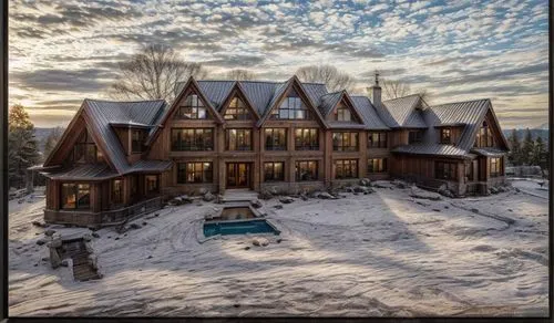 a beautiful ski lodge at sunrise on a sunny day,tremblant,muskoka,snow house,laurentians,winterplace,rosseau,Architecture,General,Modern,None