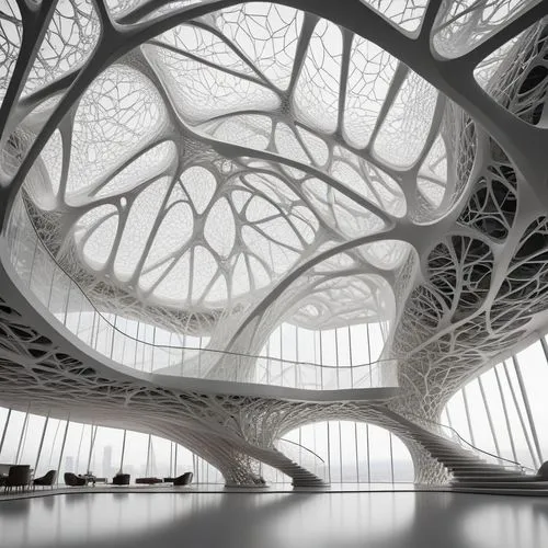 Based on the image prompts, generate an interior view. Futuristic organic architecture, intricate web-like structures, fluid and dynamic forms, generative design, biomimicry. Avoid spider web looks,a 