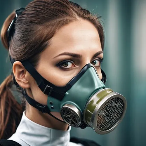 A portrait of a digital woman wearing a gas mask over its mouth, best angle view, from lateral,respirator,pollution mask,respirators,respiratory protection,ventilation mask,respiratory protection mask