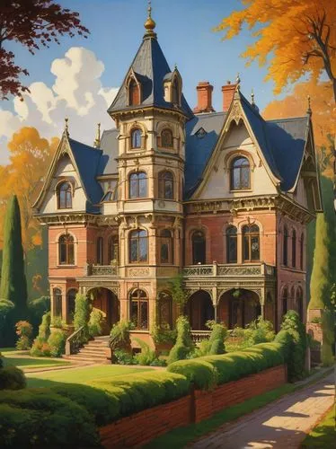 victorian house,victorian,fairy tale castle,briarcliff,sylvania,house in the forest,dreamhouse,old victorian,apartment house,house painting,maplecroft,witch's house,two story house,beautiful home,doll's house,house silhouette,marylhurst,forest house,fairytale castle,country estate,Art,Classical Oil Painting,Classical Oil Painting 27