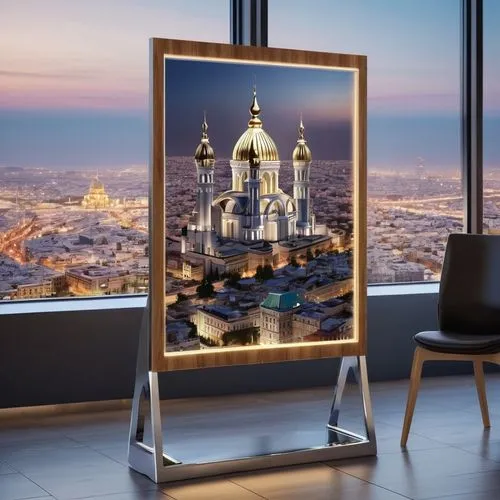 copper frame,mobilier,decorative frame,beautiful frame,photorealist,gold stucco frame,credenza,city scape,kartell,giertych,gold frame,penthouses,silver frame,display panel,mirror frame,glass painting,cityview,blur office background,modern decor,universal exhibition of paris,Illustration,Realistic Fantasy,Realistic Fantasy 43