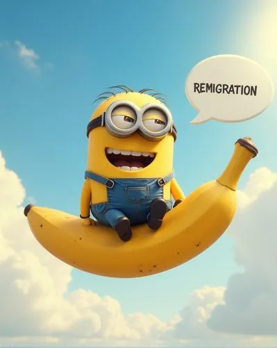 A flying banana in the air high up in the sky, a brown Minion sitting on it rolls his eyes and shows a grin on his face. A speech bubble with the message "REMIGRATION" emanates from his mouth. The eye