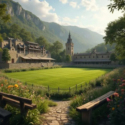 Rustic sports fields, medieval-inspired architecture, natural stone walls, weathered wood benches, lush green grass, vibrant flowers, athletic tracks, soccer goals, rugby posts, tennis courts, basketb