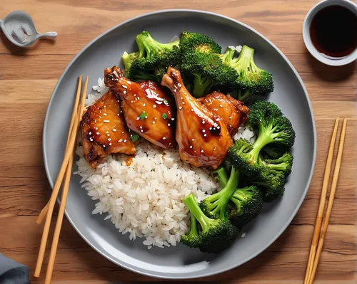 a grey plate with honey soy chicken, rice and roasted broccoli on it,sesame chicken,general tso's chicken,teriyaki,sweet and sour chicken,orange chicken,asian cuisine,hoisin sauce,sweet and sour pork,