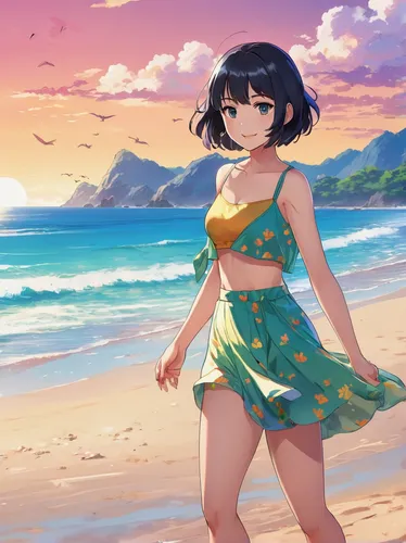 beach background,summer background,beach scenery,ocean background,honolulu,aloha,ocean,dream beach,sea beach-marigold,beautiful beach,sanya,lover's beach,dusk background,by the sea,tropical beach,summer swimsuit,luau,colorful background,sun and sea,summer clothing,Illustration,Japanese style,Japanese Style 03