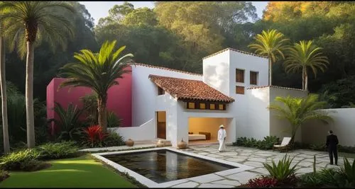 EL EXTERIOR DE UNA CASA CON ESTILO MEXCANO MODERNO, USO DE COLORES VIBRANTES, MATERIALES REFIONALES, TEJA, VIGAS DE MADERA, EN UN AMBIENTE EXUBERANTE, ESTANQUE DE AGUA AL FRENTE, PROPORCION, EXCELENTE