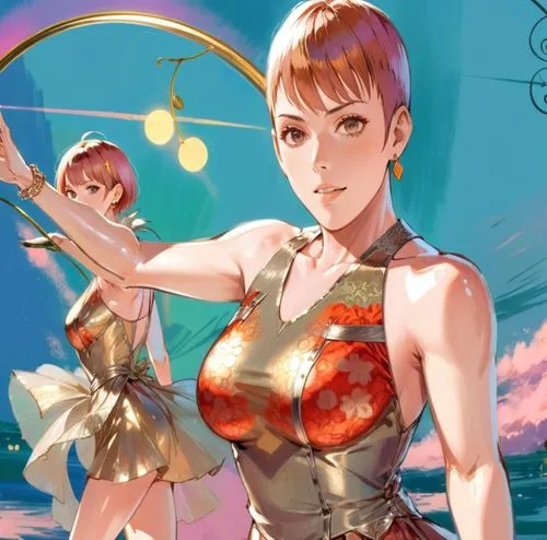 very short pixie cut hair, anime, kylie minogue, gold dress, big boobs,the game characters are posing for the camera,kuanyin,cheongsam,chunli,soejima,niijima,lyn,Anime,Anime,General