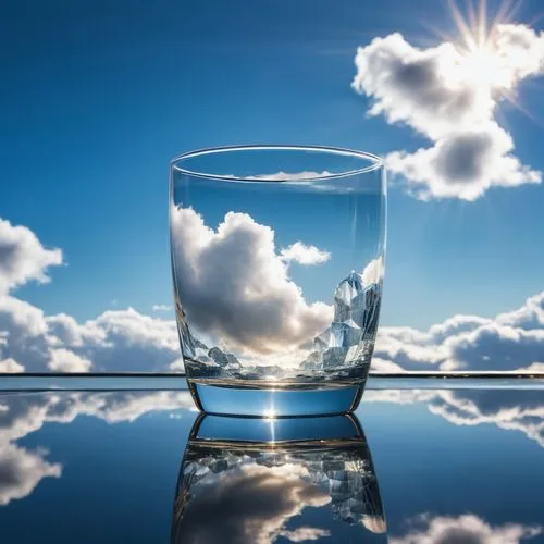 a cup of water,water glass,cloud shape frame,cielo,refraction,air water,Photography,General,Realistic