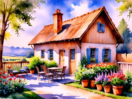 watercolor cafe,cottage,summer cottage,country cottage,home landscape,watercolor tea shop,houses clipart,cottage garden,little house,cottages,watercolor background,wooden house,country house,house painting,wooden houses,small house,danish house,traditional house,fisherman's house,hameau,Illustration,Paper based,Paper Based 24