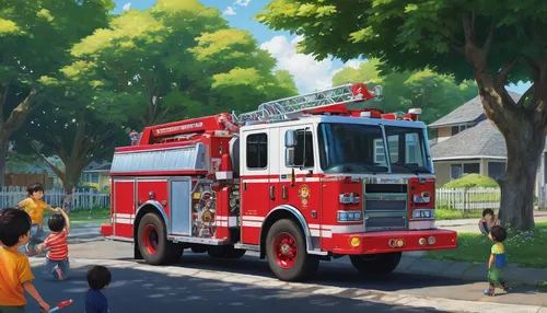 Describe a heartwarming scene of children playing the firetruck game at a neighborhood park,child's fire engine,firetruck,fire truck,white fire truck,fire engine,fire dept,fire pump,fire ladder,fire d