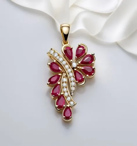 A pendant with round diamonds  ,and ruby pears ,high quality, high resolution, ultra distills, 8k,a red necklace sitting on top of a white blanket,mouawad,boucheron,art deco ornament,jewelry florets,r