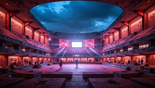 Vibrant stadium, expressionist architecture, bold concrete structures, rough stone walls, rusty metal beams, distressed wood accents, dynamic curved lines, abstract geometric patterns, bright neon lig