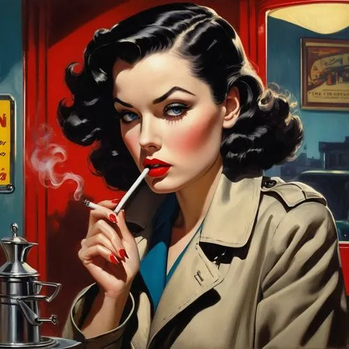 40's Noir diner.  Beautiful woman in trench coat, smoking.  Intense gaze.  red lips.  Dark hair and blue eyes.,cigarette girl,smoking girl,retro woman,retro women,girl smoke cigarette,retro pin up gir