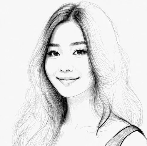 女生，黑色头发,the girl has long, straight hair and has a smile on her face,angel line art,ailee,heyne,lotus art drawing,portrayer,girl drawing,Design Sketch,Design Sketch,Black and white Comic