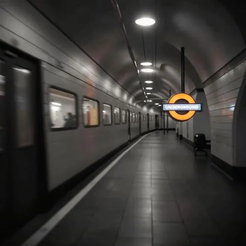 Black and white picture with a hint of orange. We want blurred images of photo of blurred underground tube sign, and railway sign and hospital sign ,the subway is going through the tunnel at night,bak