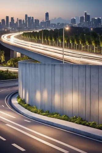 Modern urban architecture, noise barrier wall, concrete structure, grey and white color scheme, sleek lines, industrial materials, metal mesh panels, greenery on top, cityscape background, busy highwa