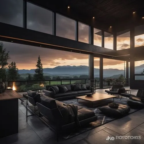 BLACK THEME , BLACK RUSTIC INTERIOR , 32K ULTRA REALISTIC,modern living room,the living room of a photographer,roof landscape,patio heater,living room,landscape lighting,family room,modern decor,beaut