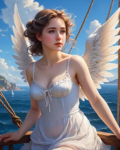 Realistic Painting in William-Adolphe Bouguereau style of a beautiful adult female angel has a curvy body, white skin, natural blue eyes, and wearing simple lingerie. Realistic hands, realistic five f