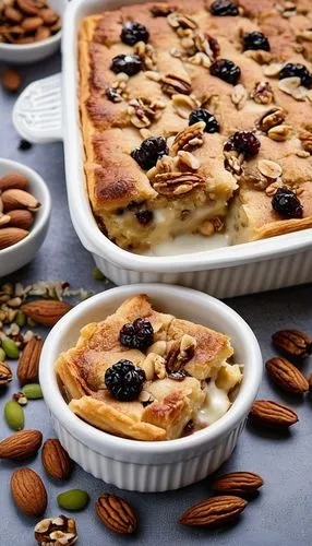 there are three pans filled with dessert items,clafoutis,clafouti,foccacia with olives,bread pudding,almond cake,currant cake,Photography,General,Realistic