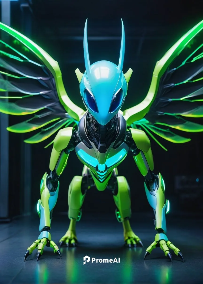 Fantasy creature, Pokémon, AI generated, futuristic, neon green glow, cybernetic enhancements, metallic limbs, glowing blue eyes, sharp claws, slender body, iridescent wings, holographic aura, high-te