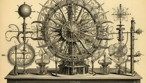 Feel the exhilaration as you push the boundaries of science in an experimental lab.,scientific instrument,ship's wheel,clockmaker,orrery,steampunk gears,ships wheel,sextant,cogwheel,gyroscope,longcase