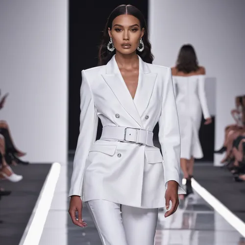 runway,menswear for women,white coat,woman in menswear,runways,catwalk,white silk,neutral color,french silk,bolero jacket,vogue,silver,women fashion,female model,plus-size model,spring white,white clothing,white velvet,iman,white-collar worker,Photography,General,Natural