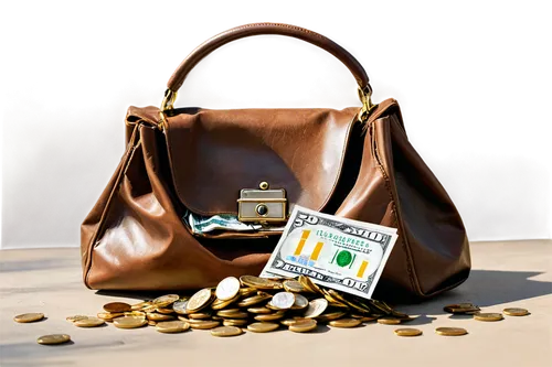 Brown leather bag, gold metal buckle, shiny coins inside, crumpled dollar bills, torn edges, worn-out handle, morning sunlight, 3/4 composition, shallow depth of field, warm color tone, cinematic ligh