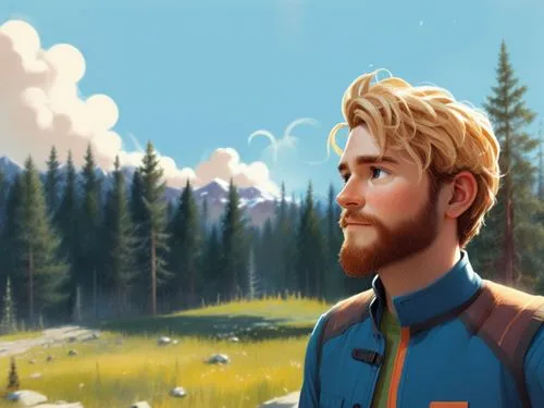 a 2d drawing, vector style of a 30 year old man. He has brown hairs and a brown beard,a man with a beard stands in the grass with his back to the camera,bunyan,lumberman,lumberjax,denali,jarvik,pines,