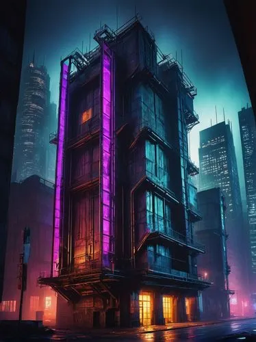 cyberpunk,metropolis,cybertown,arkham,gotham,shadowrun,cybercity,graecorum,coldharbour,bladerunner,apartment block,dystopian,glass building,electrohome,oddworld,fantasy city,nightclub,kinkade,sanctorum,the skyscraper,Illustration,Retro,Retro 05