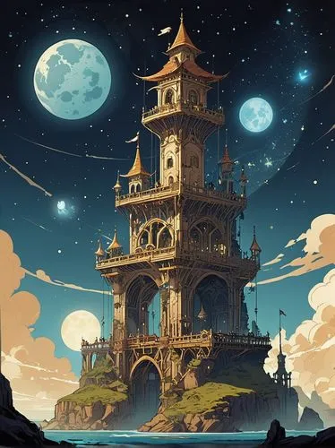 Game Scene Design,gold castle,studio ghibli,fantasy landscape,fantasy world,wishing well,witch's house,fairy tale castle,house of the sea,fairy chimney,lighthouse,observatory,floating island,fantasy c