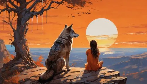 a brown wolf and a sad girl, both seen from behind. They are sitting on a cliff under a tree branch. The girl put his arm around the wolf's shoulders, she looks at the sheep with a sympathetic smile. 