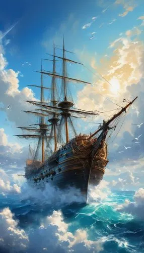 sea sailing ship,sailing ship,sail ship,galleon,tallship,sea fantasy,skyship,tall ship,merchantman,caravel,sailing ships,pirate ship,whaleship,ghost ship,commandeer,three masted sailing ship,gangplank,voyaging,mayflower,windjammer,Illustration,Realistic Fantasy,Realistic Fantasy 19