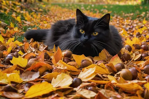 Amidst autumn leaves, a mischievous black cat playfully batted at a fallen acorn.,autumn background,norwegian forest cat,in the autumn,just autumn,golden autumn,autumn walk,autumn mood,fall animals,au