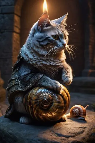 Medieval themed, fantasy creature, snail shell, cat ears, whiskers, fur texture, soft belly, claws, sitting on stone floor, dimly lit, torchlight, ancient castle, mysterious atmosphere, foggy backgrou