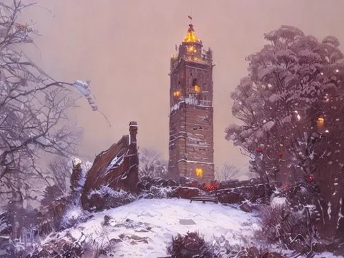 snow scene,christmas landscape,john atkinson grimshaw,wintry,snow landscape,winter landscape,snowy landscape,clock tower,the snow falls,frederic church,winter service,aglais,batemans tower,belfry,white tower,falkland,coventry,winter house,christmas snow,the snow