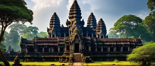 Ancient temple, South Asian architecture, intricate carvings, vibrant colors, ornate decorations, pointed arches, grand entrance, stairs, pillars, domes, Buddhist or Hindu elements, lush greenery, tro