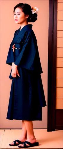 Traditional Japanese woman, kimono, obi, geta sandals, Japanese hairstyle, subtle makeup, gentle smile, serene facial expression, hands clasped together, standing, traditional Japanese room, shoji scr