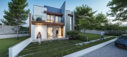 BARANDAL DE CRISTAL TRANSPARENTE,an image of a two story house with landscaping and a car parked outside,modern house,fresnaye,3d rendering,vivienda,residential house,modern architecture