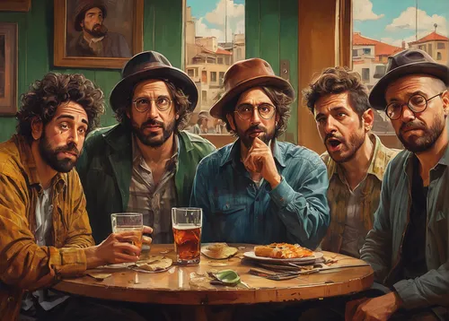 italian painter,hipsters,men sitting,musicians,fraternity,jew's harp,drinking party,last supper,school of athens,glasses of beer,world digital painting,popular art,seven citizens of the country,art painting,gnomes at table,social group,gentleman icons,surrealism,man portraits,meticulous painting,Conceptual Art,Fantasy,Fantasy 15