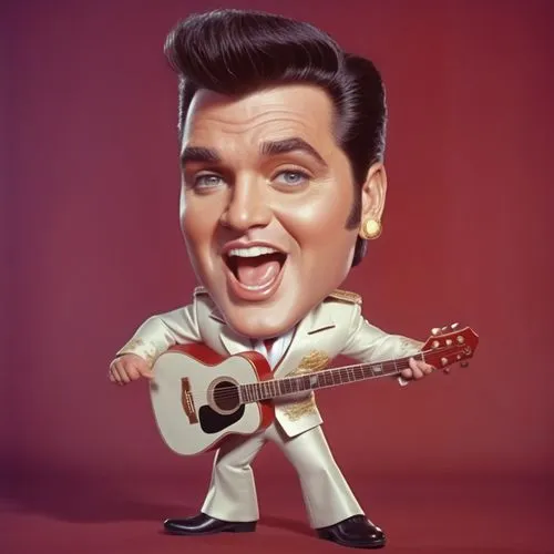 Caricature style drawing of a celebrity, big head, small body, exaggerated facial expressions. A 3D animated character resembling Elvis Presley, wearing a whiteA jumpsuit with red and gold accents, bl