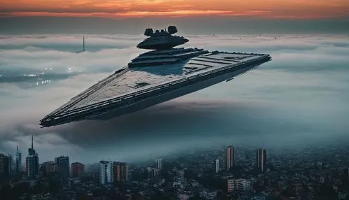 alien ship,above the clouds,helicarrier,aircraft carrier,millennium falcon,mothership,wave of fog,sea of fog,spaceship,enterprise,supercarrier,space ship,above the city,futuristic,cloudbase,the fog,high fog,ufo,millenium falcon,megaships,Photography,Documentary Photography,Documentary Photography 08