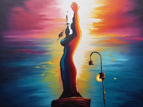 oil painting on canvas,light bearer,art painting,lady justice,dubbeldam,amphitrite,peinture,oil painting,justitia,lady liberty,lord shiva,exaltation,golden candlestick,sirene,quidam,oil on canvas,the statue of liberty,torchbearer,acrylic paint,statue of liberty,Illustration,Realistic Fantasy,Realistic Fantasy 25