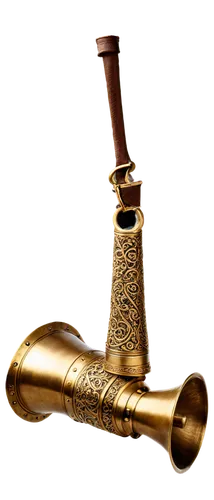 Brass war horn, shiny metal surface, intricate engravings, golden accents, curved shape, narrow bell, three valves, worn leather strap, battle-worn, ancient artifact, mysterious atmosphere, dramatic l