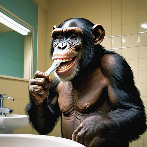 chimpanzee with a smile brushing his teeth in a doctor's outfit,,common chimpanzee,chimpanzee,personal grooming,chimp,bonobo,brush teeth,crab-eating macaque,tooth brushing,hygiene,ape,great apes,orang