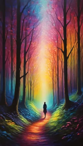 the mystical path,fantasy picture,oil painting on canvas,art painting,colored pencil background,enchanted forest