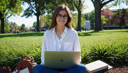 Landscape architecture student, solo, (20yo), glasses, messy brown hair, casual makeup, white button-down shirt, dark blue jeans, sneakers, backpack, books, laptop, sitting, outdoor, university campus