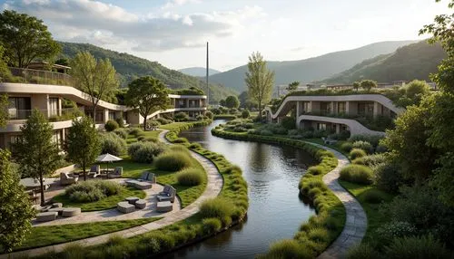 ecotopia,rivendell,futuristic landscape,ecovillages,ecovillage,nargothrond,streamwood,citadels,riverworld,gondolin,riftwar,aurora village,futuristic architecture,arcology,naboo,terraformed,building valley,escher village,riverwood,ringworld